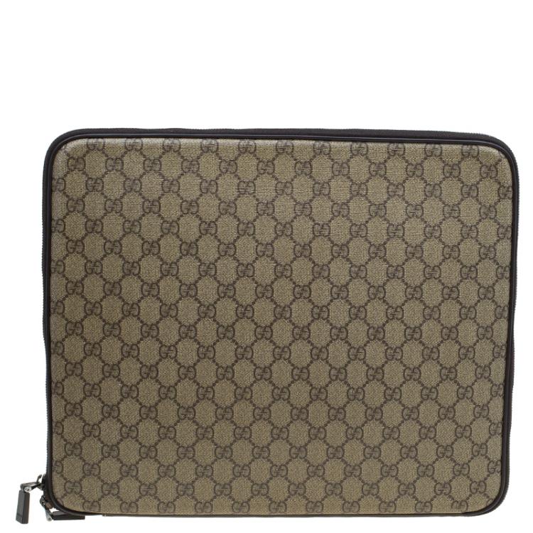Pre Owned Gucci Beige/Ebony GG Supreme Canvas and Leather Interlocking Logo Laptop Case