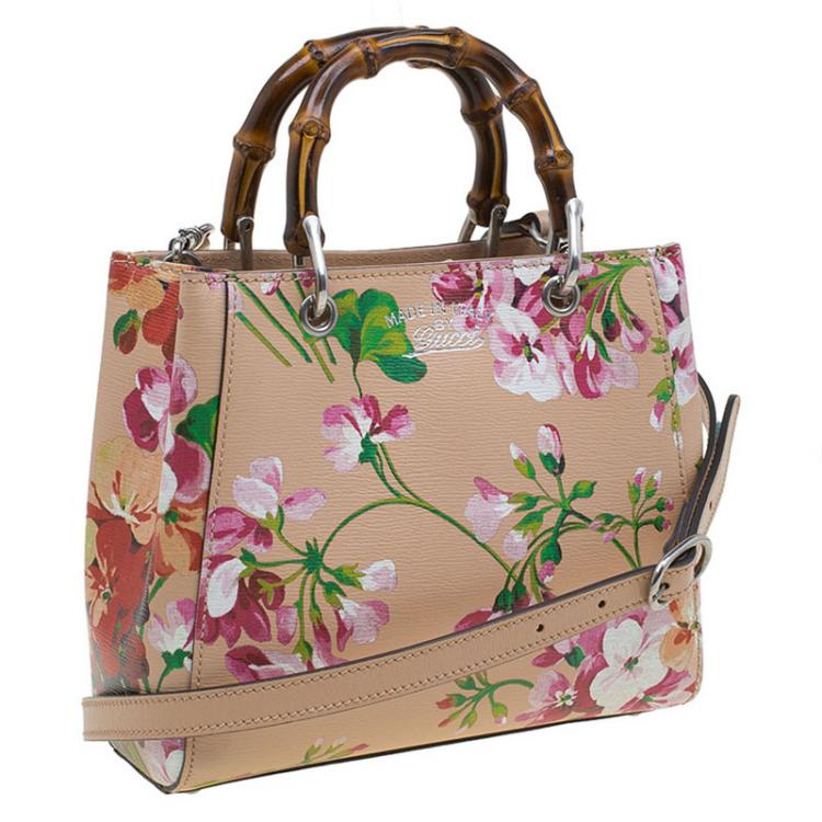Pre Owned Gucci Multicolor Printed Blooms Leather Mini Bamboo Top Handle Bag