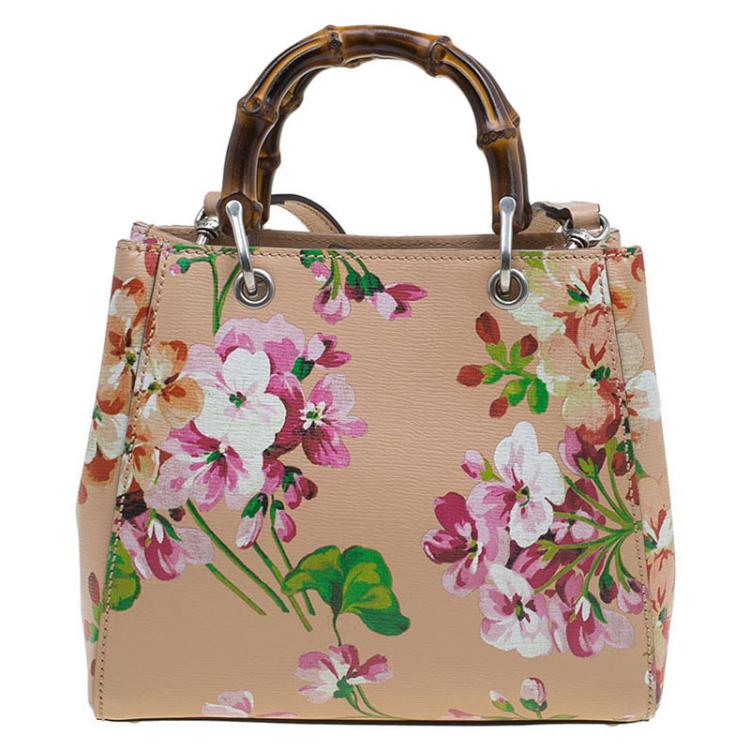 Pre Owned Gucci Multicolor Printed Blooms Leather Mini Bamboo Top Handle Bag