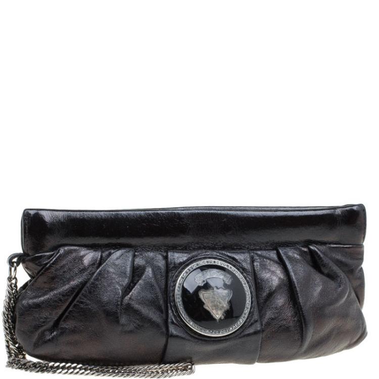 Pre Owned Gucci Metallic Black Leather Pop Night Wristlet Clutch