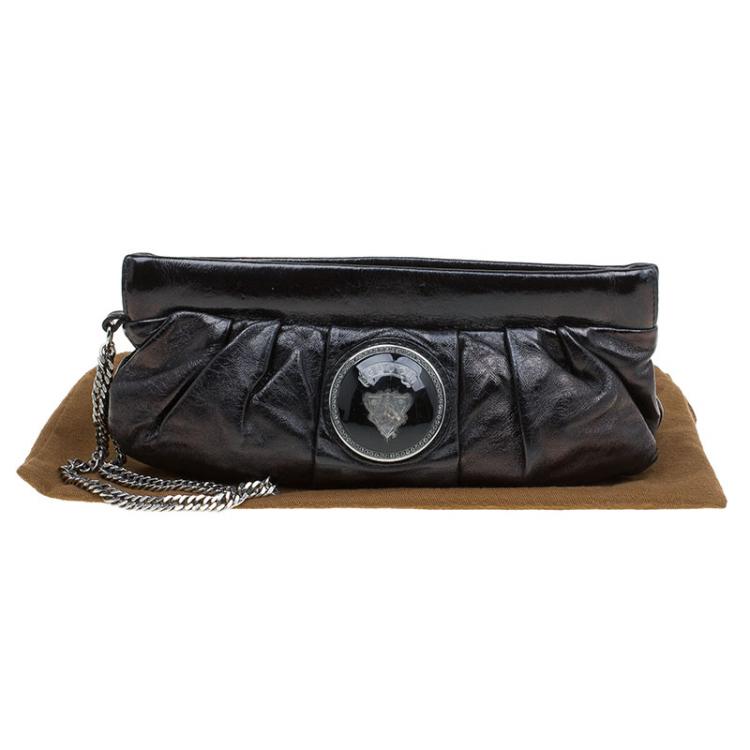 Pre Owned Gucci Metallic Black Leather Pop Night Wristlet Clutch