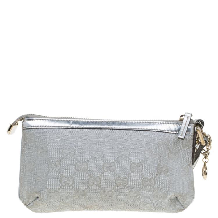 Pre Owned Gucci Silver GG Canvas Interlocking G Wristlet Pouch