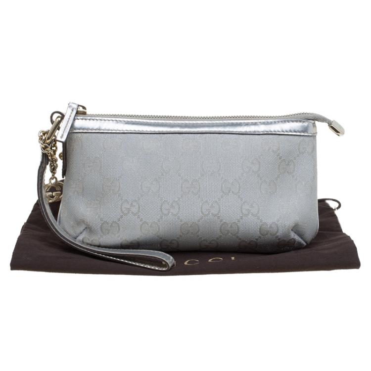 Pre Owned Gucci Silver GG Canvas Interlocking G Wristlet Pouch