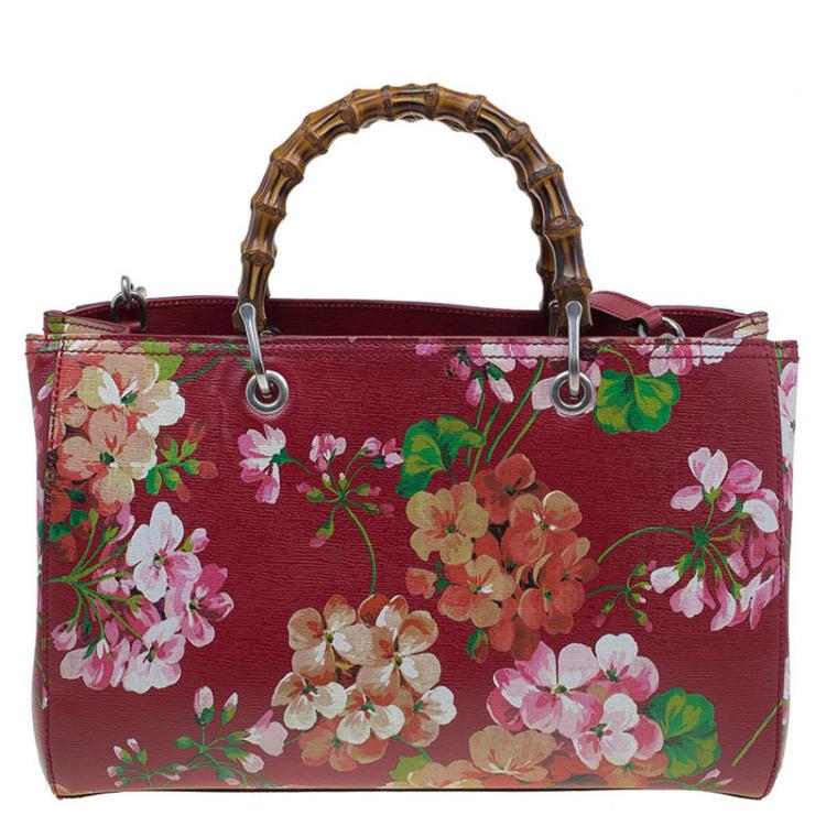 Pre Owned Gucci Multicolor Bloom's Printed Leather Bamboo Shopper Tote