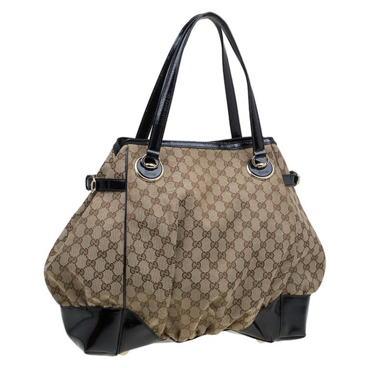 Pre Owned Gucci Black GG Canvas/Patent Leather Large Full Moon Tote