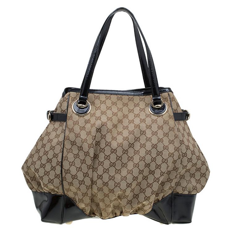 Pre Owned Gucci Black GG Canvas/Patent Leather Large Full Moon Tote