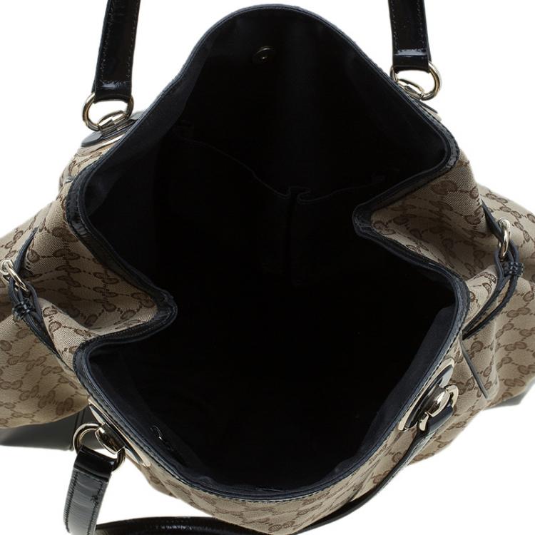 Pre Owned Gucci Black GG Canvas/Patent Leather Large Full Moon Tote