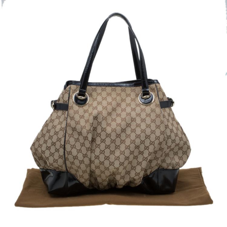 Pre Owned Gucci Black GG Canvas/Patent Leather Large Full Moon Tote