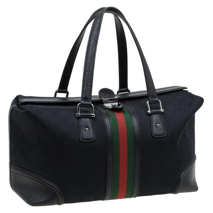 Pre Owned Gucci Black GG Canvas and Leather Large Web Treasure Boston Bag