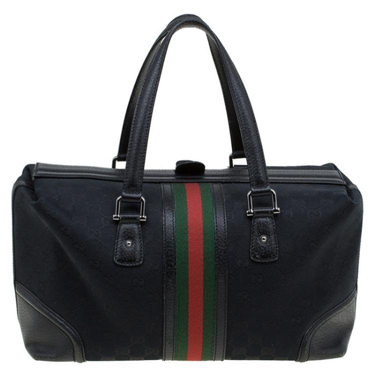 Pre Owned Gucci Black GG Canvas and Leather Large Web Treasure Boston Bag