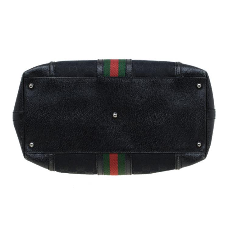 Pre Owned Gucci Black GG Canvas and Leather Large Web Treasure Boston Bag