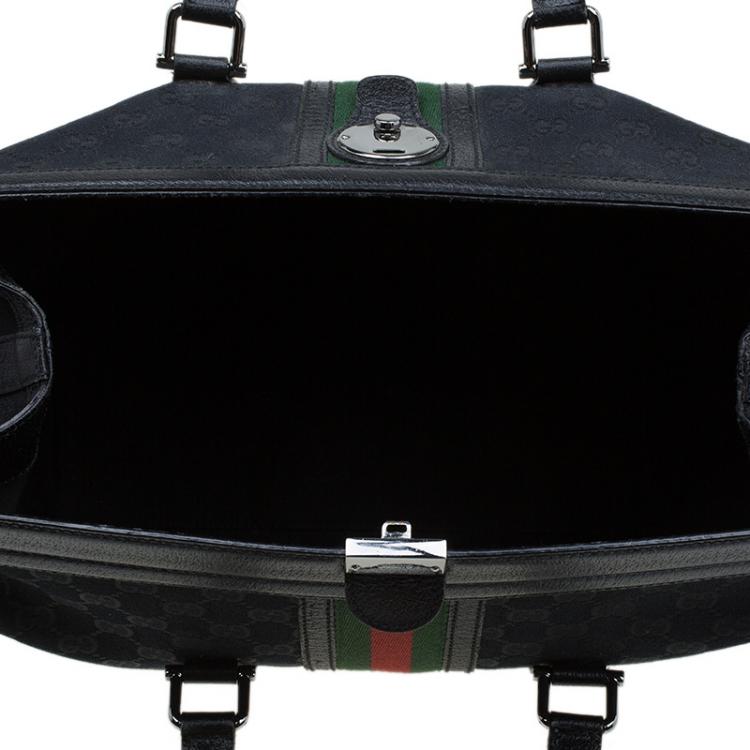 Pre Owned Gucci Black GG Canvas and Leather Large Web Treasure Boston Bag