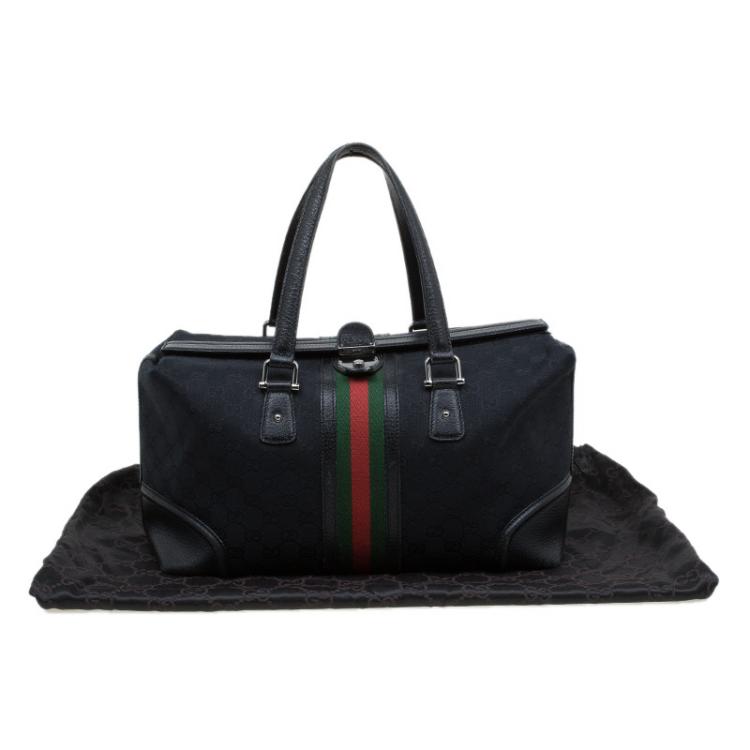Pre Owned Gucci Black GG Canvas and Leather Large Web Treasure Boston Bag