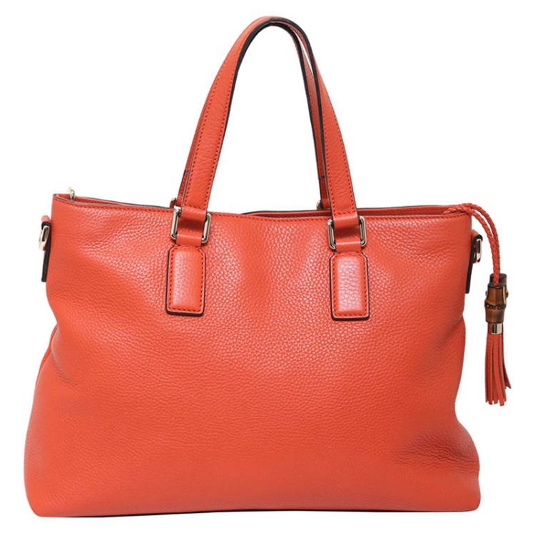 مملوكة مسبقًا Gucci Dark Orange Pebbled Leather Bamboo Tassel Tote
