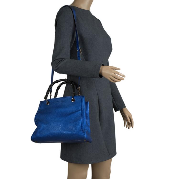 Pre Owned Gucci Metallic Blue Leather Small Bamboo Shopper Tote