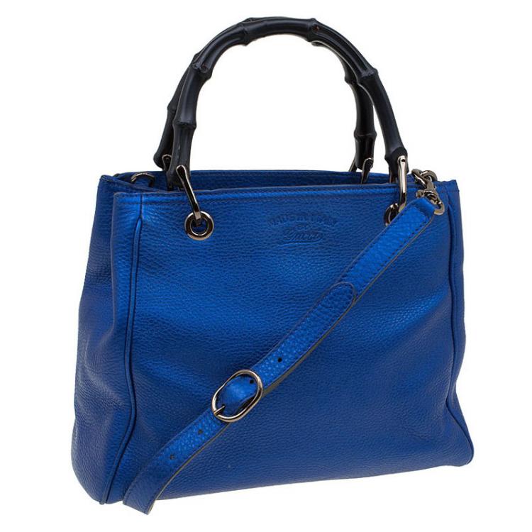 Pre Owned Gucci Metallic Blue Leather Small Bamboo Shopper Tote