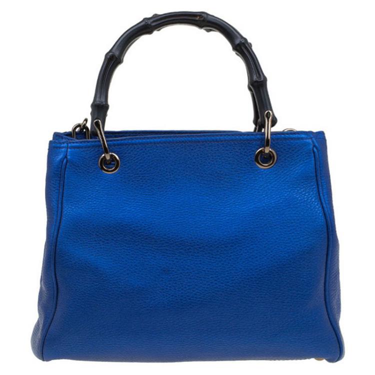 Pre Owned Gucci Metallic Blue Leather Small Bamboo Shopper Tote