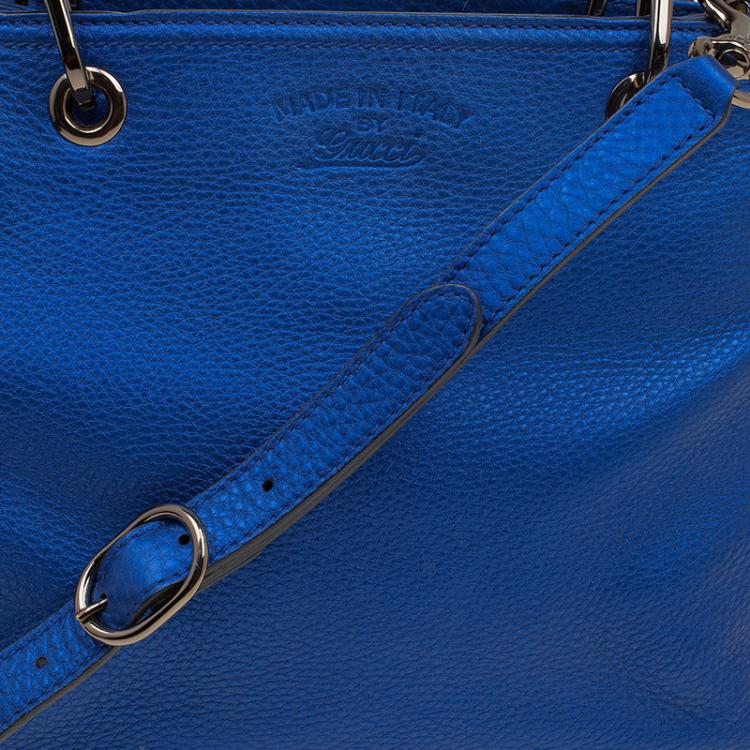 Pre Owned Gucci Metallic Blue Leather Small Bamboo Shopper Tote
