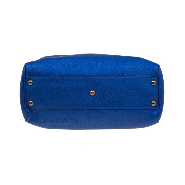 Pre Owned Gucci Metallic Blue Leather Small Bamboo Shopper Tote