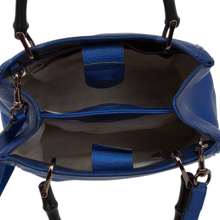 Pre Owned Gucci Metallic Blue Leather Small Bamboo Shopper Tote