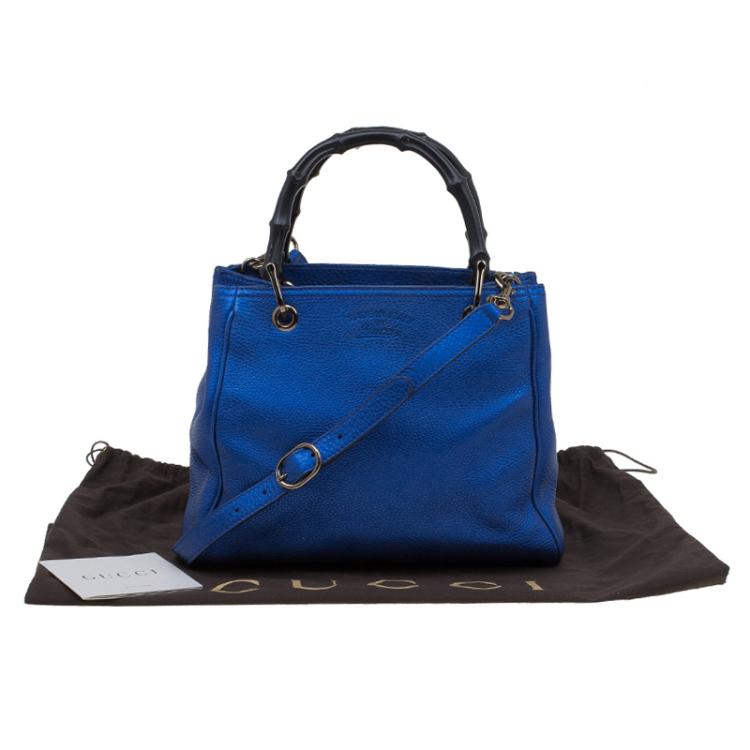 Pre Owned Gucci Metallic Blue Leather Small Bamboo Shopper Tote