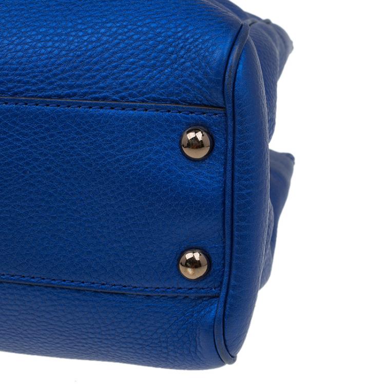 Pre Owned Gucci Metallic Blue Leather Small Bamboo Shopper Tote