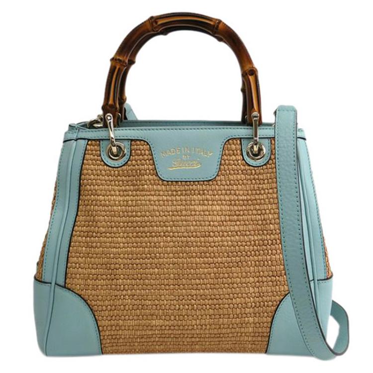 Pre Owned Gucci Bi Color Raffia/Leather Medium Bamboo Shopper Tote