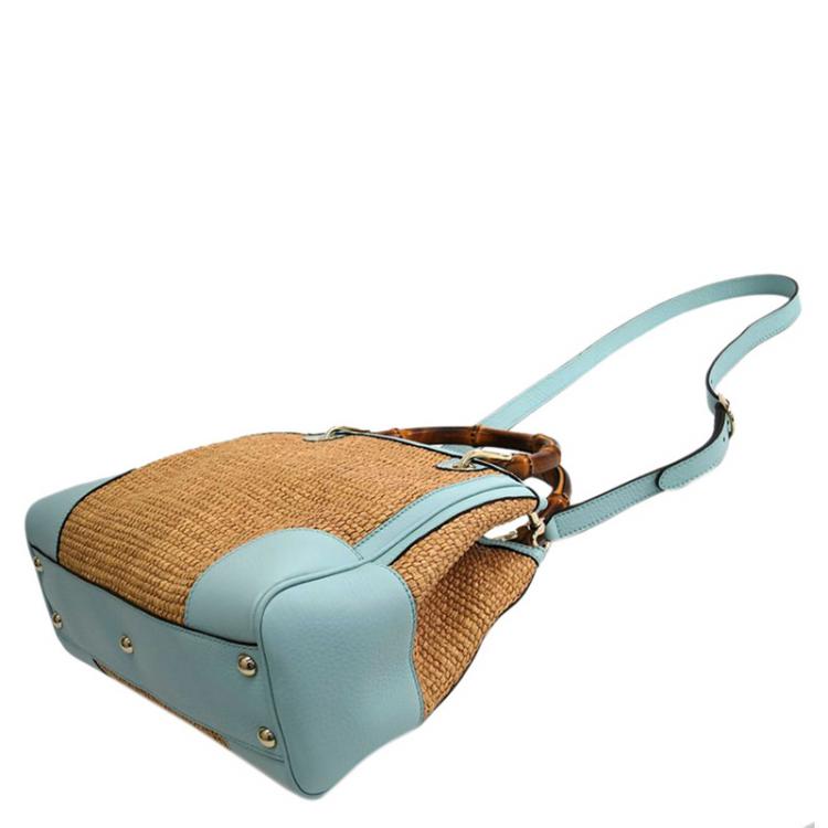 Pre Owned Gucci Bi Color Raffia/Leather Medium Bamboo Shopper Tote