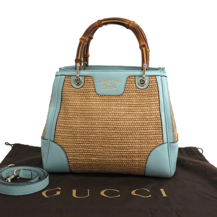 Pre Owned Gucci Bi Color Raffia/Leather Medium Bamboo Shopper Tote