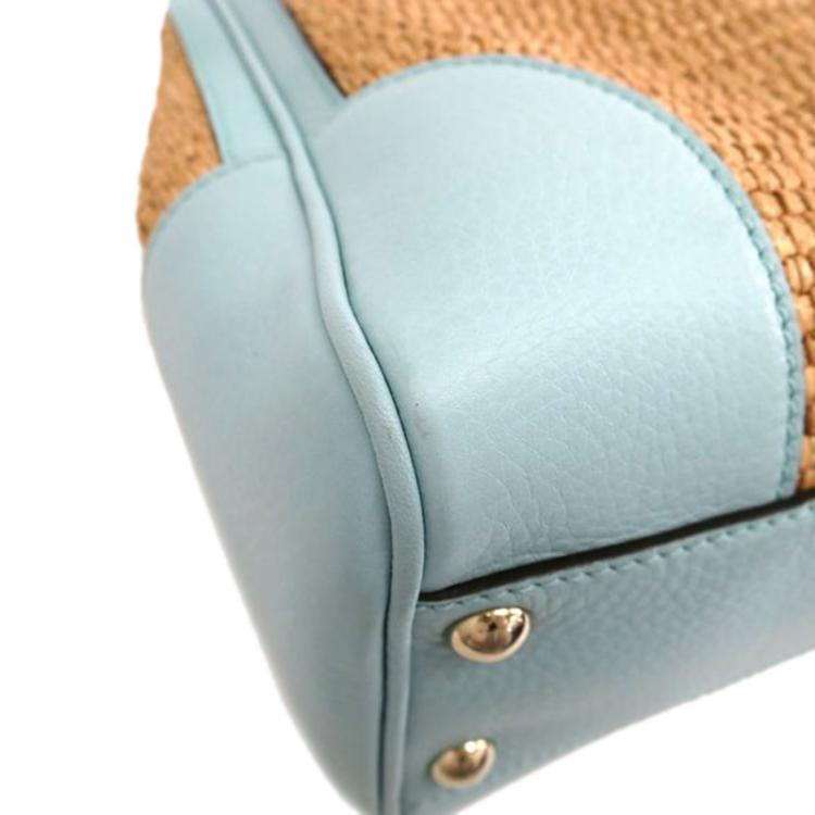 Pre Owned Gucci Bi Color Raffia/Leather Medium Bamboo Shopper Tote