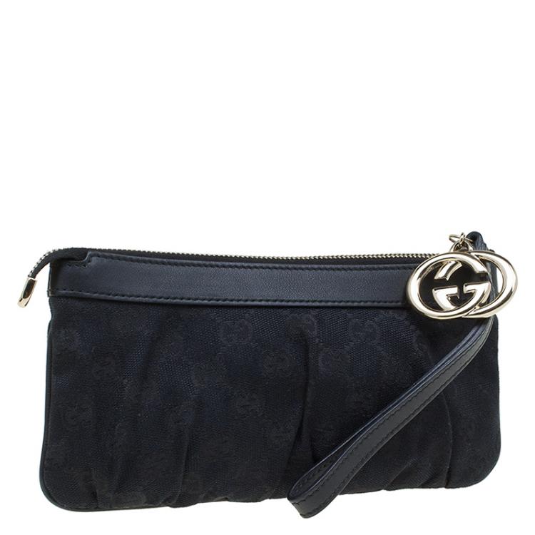 Pre Owned Gucci Black GG Canvas Interlocking G Wristlet Pouch