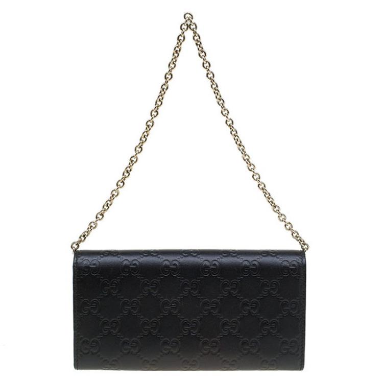 Pre Owned Gucci Black Guccissima Leather Wallet On Chain