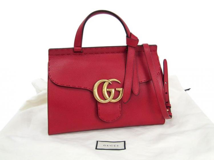 Pre Owned Gucci Red Leather GG Marmont Top Handle Bag