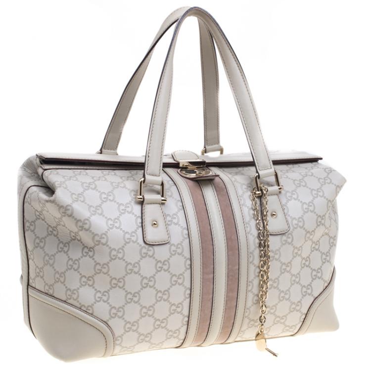 مملوكة مسبقًا Gucci Off White Guccissima Leather Large Web Treasure Boston Bag