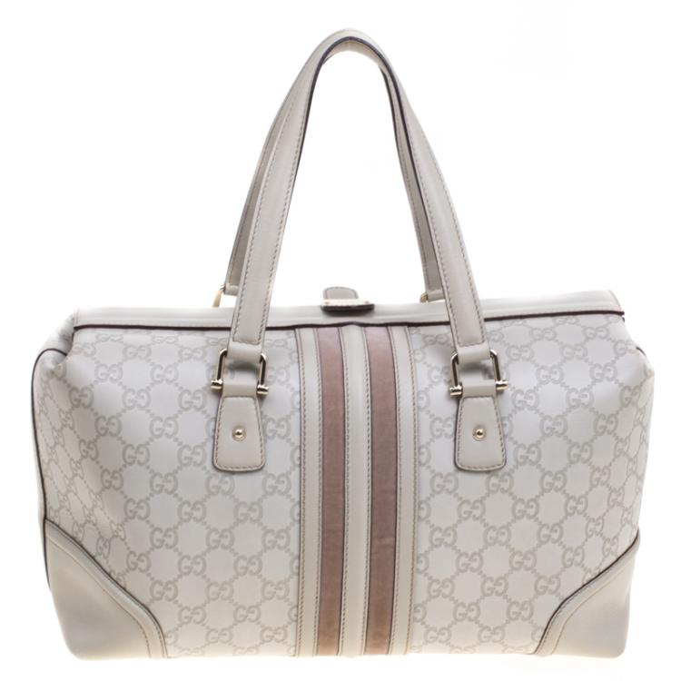 مملوكة مسبقًا Gucci Off White Guccissima Leather Large Web Treasure Boston Bag