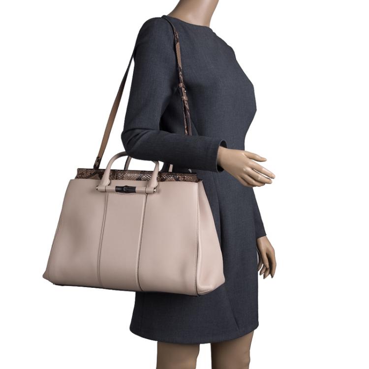 Pre Owned Gucci Beige Leather and Python Lady Bamboo Top Handle Bag