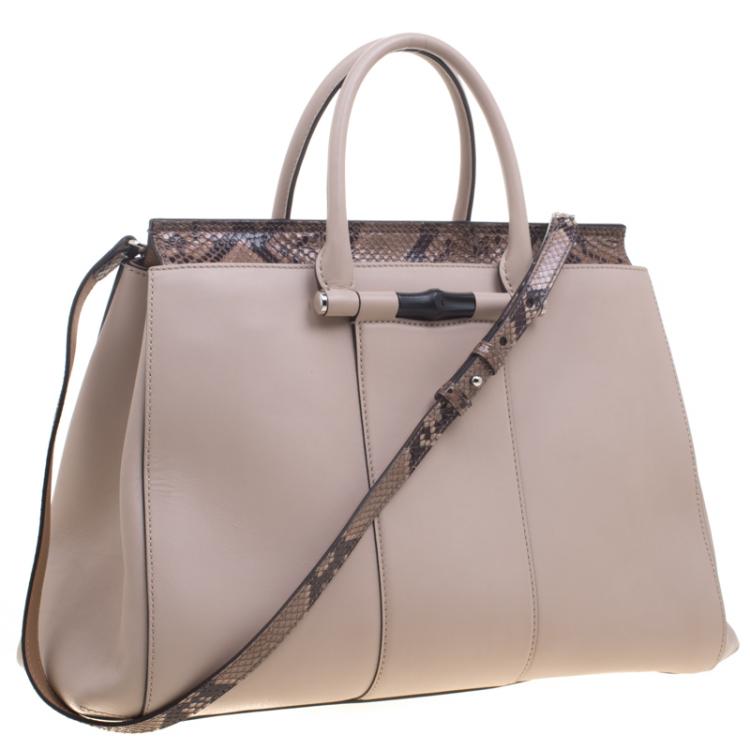 Pre Owned Gucci Beige Leather and Python Lady Bamboo Top Handle Bag