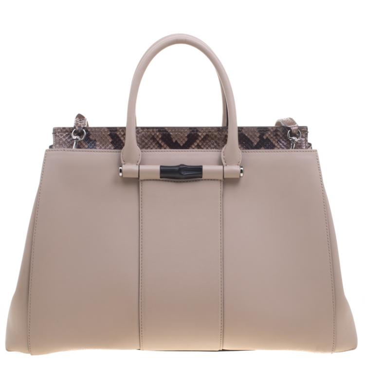 Pre Owned Gucci Beige Leather and Python Lady Bamboo Top Handle Bag
