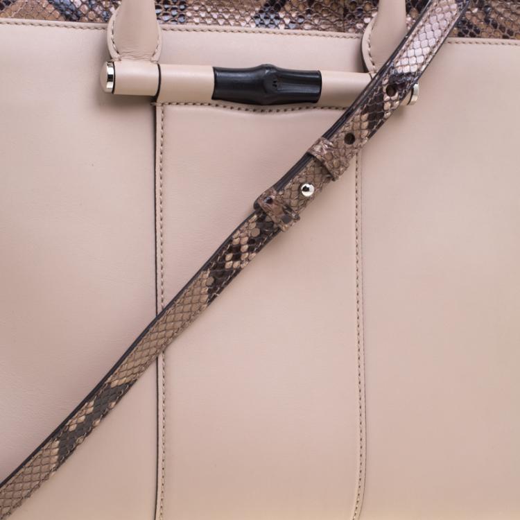Pre Owned Gucci Beige Leather and Python Lady Bamboo Top Handle Bag