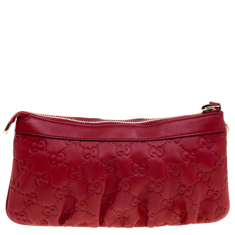 Pre Owned Gucci Red Guccissima Leather Interlocking G Wristlet Pouch