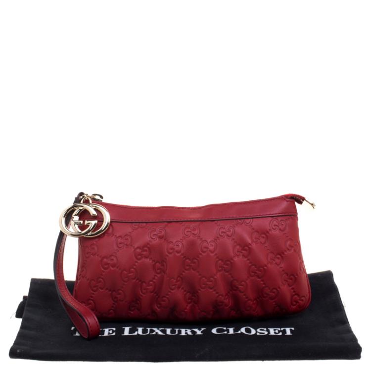 Pre Owned Gucci Red Guccissima Leather Interlocking G Wristlet Pouch