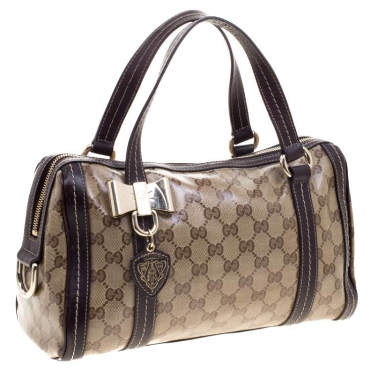 Pre Owned Gucci Beige/Brown GG Crystal Canvas Medium Duchessa Boston Bag 