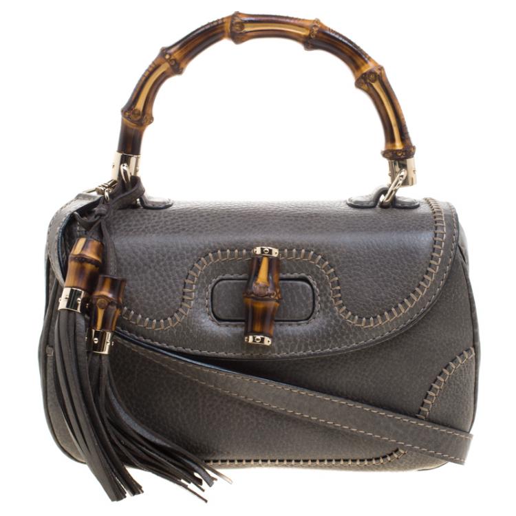 Pre Owned Gucci Pale Green Leather Tassel New Bamboo Top Handle Bag