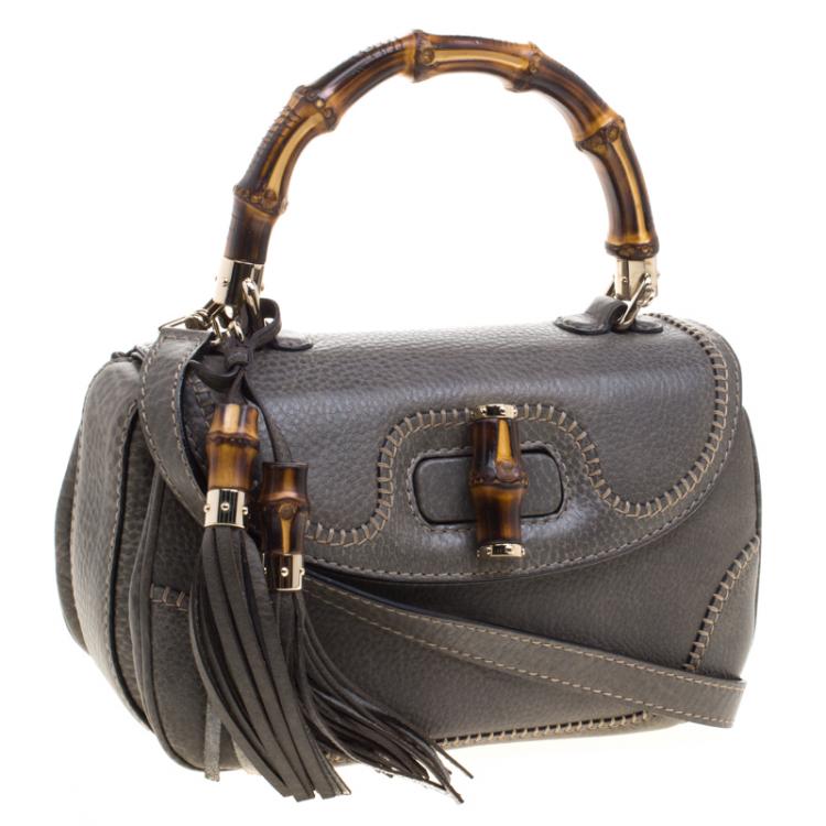 Pre Owned Gucci Pale Green Leather Tassel New Bamboo Top Handle Bag