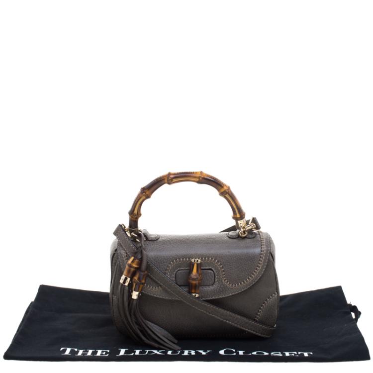 Pre Owned Gucci Pale Green Leather Tassel New Bamboo Top Handle Bag