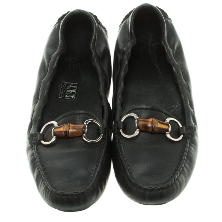 Pre Owned Gucci Black Leather Bamboo Horsebit Scrunch Driving Loafers Size 37.5