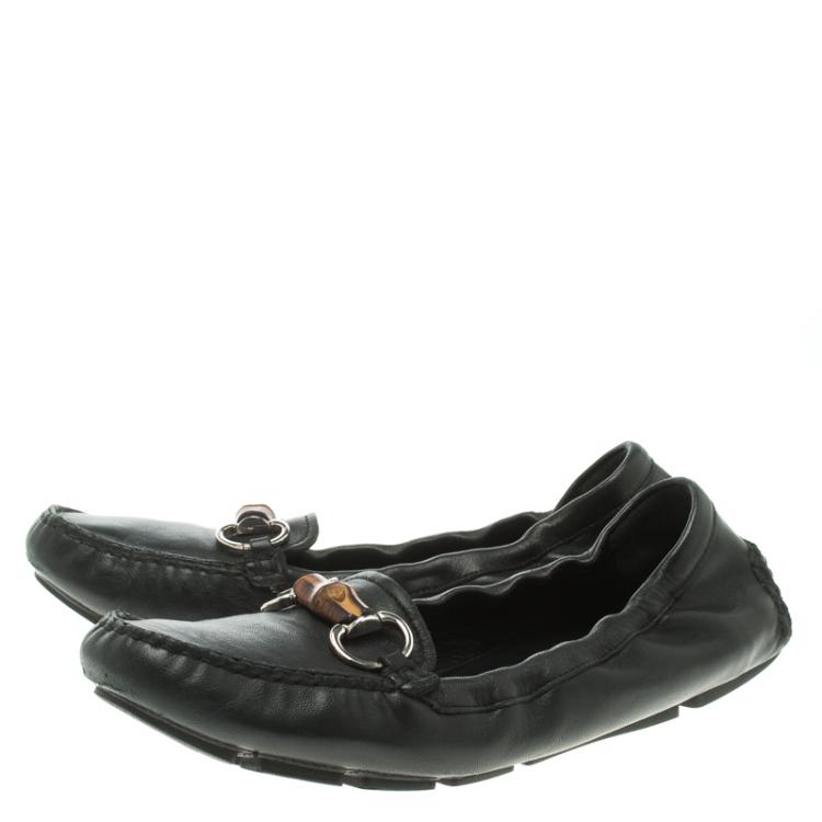 Pre Owned Gucci Black Leather Bamboo Horsebit Scrunch Driving Loafers Size 37.5