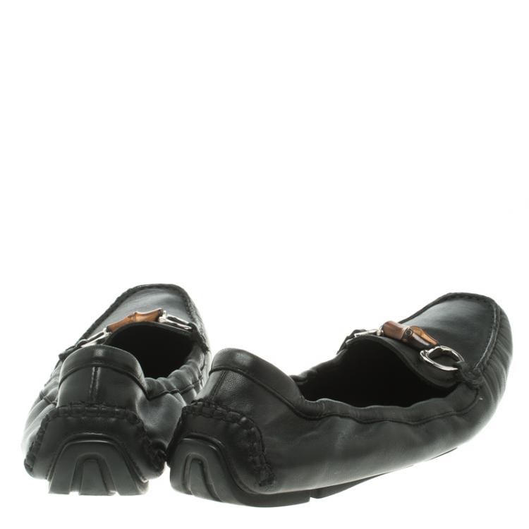 Pre Owned Gucci Black Leather Bamboo Horsebit Scrunch Driving Loafers Size 37.5