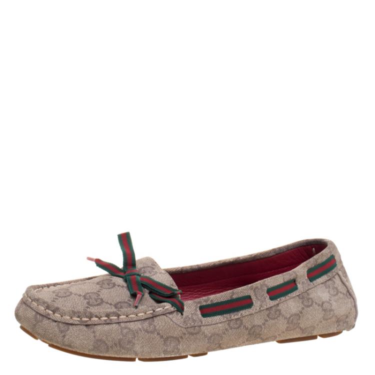 Pre Owned Gucci Beige GG Suede Web Ribbon Detail Loafers Size 38