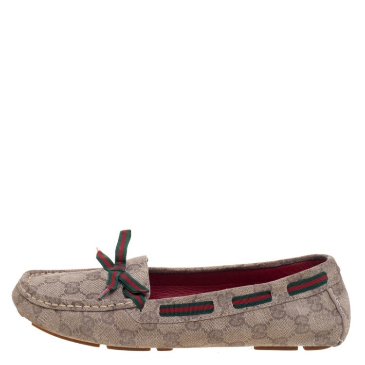 Pre Owned Gucci Beige GG Suede Web Ribbon Detail Loafers Size 38